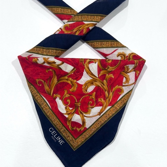 Celine Accessories - WOMEN HANDKERCHIEF CELINE Blue Green Gold Scarf COTTON POCKET SQUARE 20”